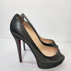 Christian Louboutin Lady Peep  Black Suede Silver Heels 38.5